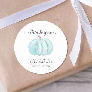 Pompoen Waterverf Blauw Baby shower Dank u Ronde Sticker