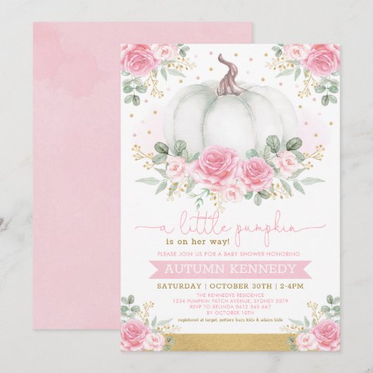  pompoen Waterverf Roze Floral Baby shower Kaart (Voorkant / Achterkant)