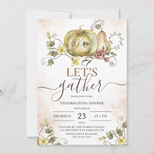 Pompoen  Waterverf Thanksgiving Diner Kaart (Voorkant)