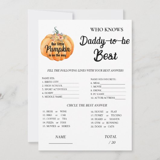 Pompoen Wie kent papa Baby shower spel Kaart (Voorkant)