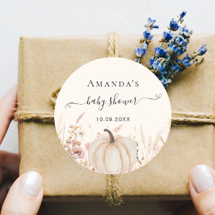 Pompoen wilde bloemen beige baby shower ronde sticker