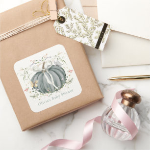 Pompoen Wilde Bloemen Vlinders Blauwe Baby Shower Vierkante Sticker