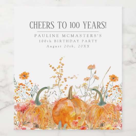 Pompoen Wildflower 100e verjaardag gepersonaliseer Wijn Etiket (Enkel label)