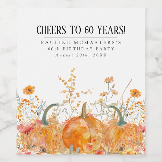 Pompoen Wildflower 60e verjaardag gepersonaliseerd Wijn Etiket (Enkel label)