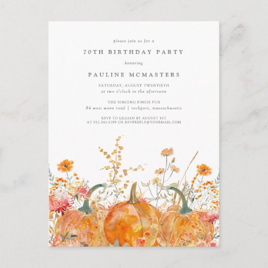 Pompoen Wildflower Herfst 70ste Verjaardagsfeest Uitnodiging Briefkaart (Voorkant)