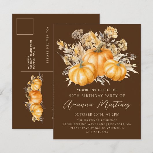 Pompoen Wildflower Herfst 90ste verjaardagsfeestje Uitnodiging Briefkaart (Voorkant / Achterkant)