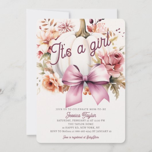 Pompoen Wit Roze Lint Meisje Herfst Baby shower Kaart (Voorkant)