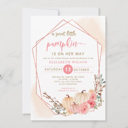 pompoen zijn op weg naar roze baby shower kaart (Voorkant)