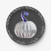 Pompoen zilver glas blauw herfst elegant  papieren bordje (Voorkant)