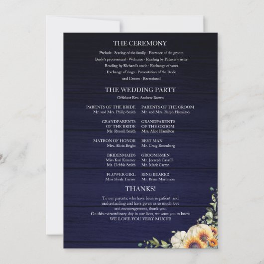 Pompoen Zonnebloem Fall Wedding Ceremony Programma (Achterkant)