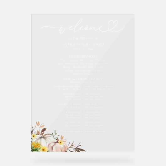 Pompoen Zonnebloem Fall Wedding Program Sign Acryl Bord (Voorkant)