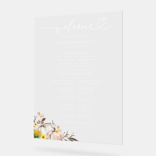 Pompoen Zonnebloem Fall Wedding Program Sign Acryl Bord (Hoek)
