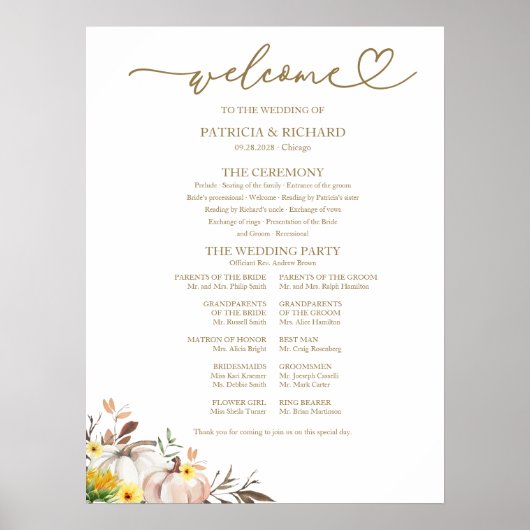 Pompoen Zonnebloem Fall Wedding Program Sign Poster (Voorkant)