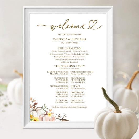 Pompoen Zonnebloem Herfst Bruiloft Programma Bord Poster