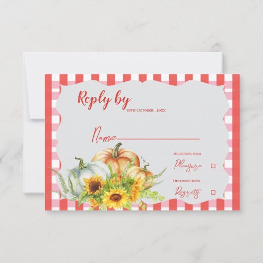 Pompoen & Zonnebloem Herfst Rustieke herfst bruilo RSVP Kaartje (Achterkant)