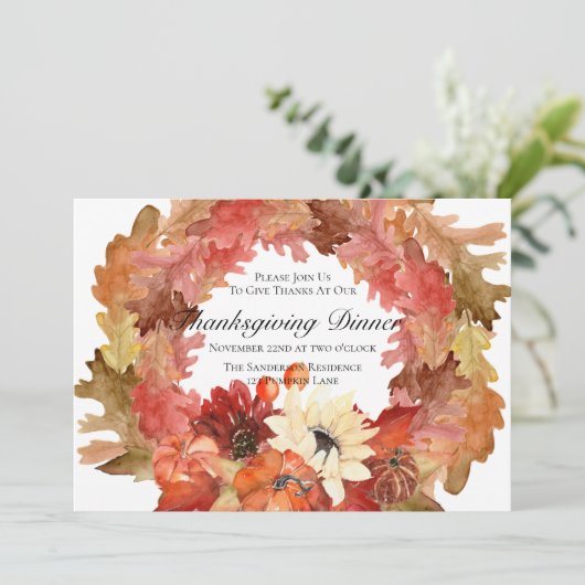 Pompoen Zonnebloem Krans Thanksgiving Diner Kaart (Staand voorkant)