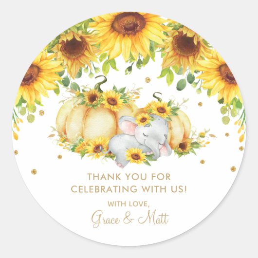 Pompoen Zonnebloem Olifant Dank u Gouden Glitter Ronde Sticker (Voorkant)