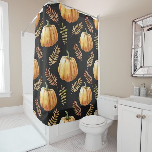 Pompoen Zwart achtergrond Waterverf Patroon Douchegordijn (In situ)