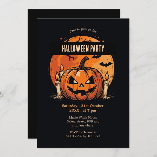 Pompoen zwart en oranje Halloween Party Kaart (Voorkant / Achterkant)