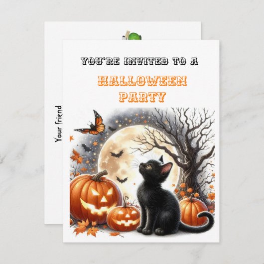 Pompoen Zwart Kat Kinder Halloween Feestuitnodigin (Voorkant / Achterkant)