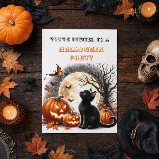 Pompoen Zwart Kat Kinderen Halloween Feest Uitnodi