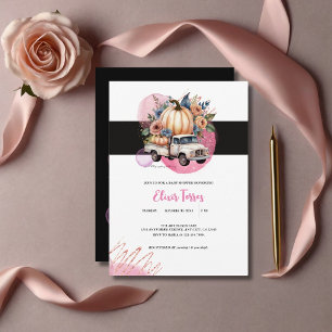 Pompoen Zwart Roze Bloem Truck Baby Borrelnoon Kaart