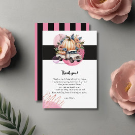 Pompoen Zwart Roze Bloemen Truck Baby shower Bedankkaart