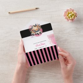 Pompoen Zwart Roze Bloemen Truck Baby shower Game All In One Uitnodiging