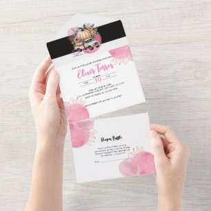 Pompoen Zwart Roze Bloemen Truck Baby shower Game All In One Uitnodiging