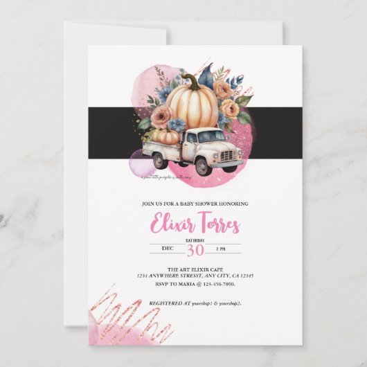 Pompoen Zwart Roze Bloemen Truck Baby shower Kaart (Voorkant)