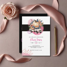 Pompoen Zwart Roze Bloemen Truck Baby shower Kaart