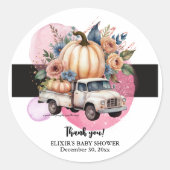 Pompoen Zwart Roze Bloemen Truck Baby shower Ronde Sticker (Voorkant)
