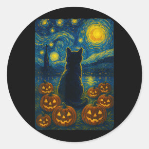 Pompoen Zwarte Kat Halloween Van Gogh Starry Night Ronde Sticker