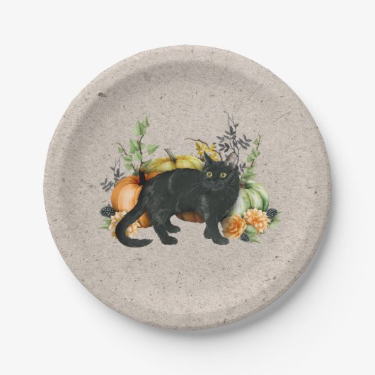 Pompoen Zwarte Kat Herfst Herfst Papieren Bordje (Voorkant)