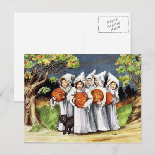  pompoen zwarte kat kinder Halloween briefkaart (Voorkant / Achterkant)