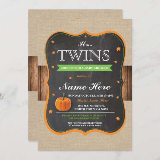 PompoenBaby shower Het is tweeling-partij-hout Kaart (Voorkant / Achterkant)