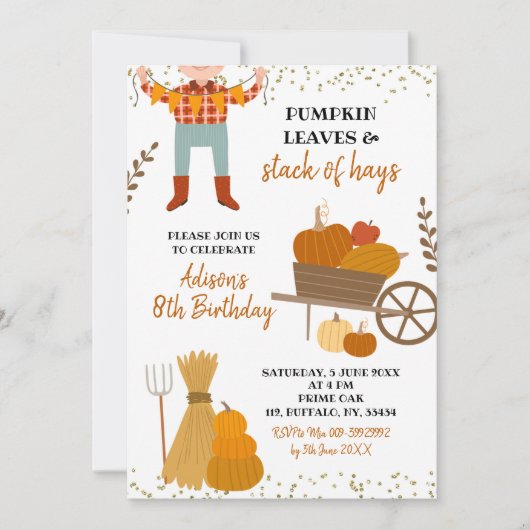 Pompoenbladeren en zakken van Hay Birthday Invitat Kaart (Voorkant)