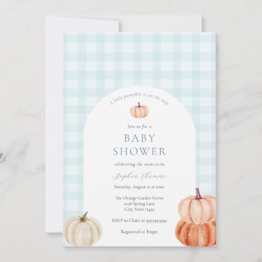 Pompoenblauw Gingham Baby Boy Shower Arch Kaart (Voorkant)
