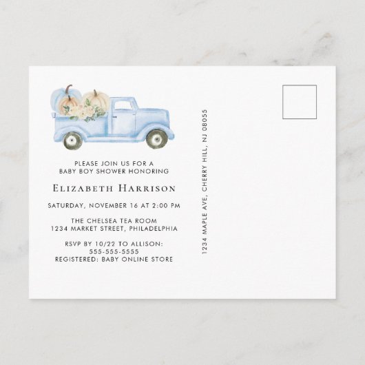 Pompoenblauw  Truck Baby Boy Shower Uitnodiging Briefkaart (Achterkant)