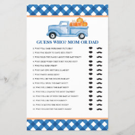 Pompoenblauwe truck Baby Guess Who Baby shower Gam Flyer