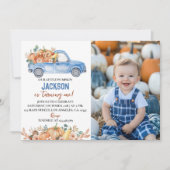 Pompoenblauwe vrachtwagen 1e verjaardag foto uitno bedankkaart (Voorkant)