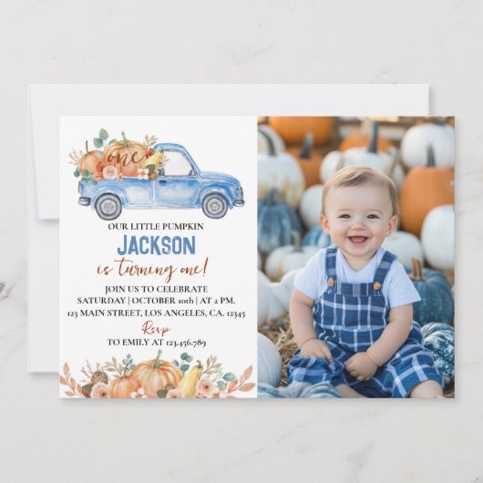 Pompoenblauwe vrachtwagen 1e verjaardag foto uitno bedankkaart (Voorkant)