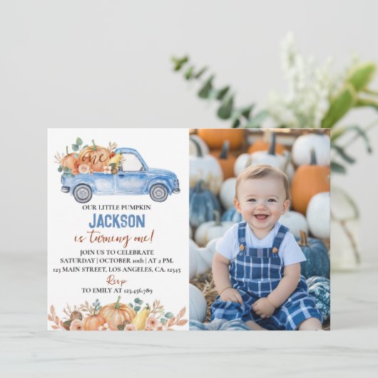 Pompoenblauwe vrachtwagen 1e verjaardag foto uitno bedankkaart (Staand voorkant)