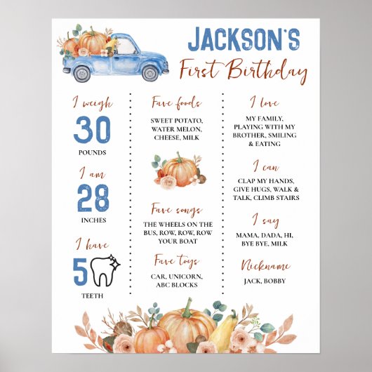 Pompoenblauwe vrachtwagen 1e verjaardag mijlpaal t poster (Voorkant)