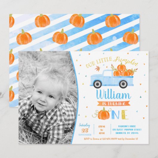 Pompoenblauwe vrachtwagen Eerste verjaardag Uitnod Kaart (Voorkant / Achterkant)