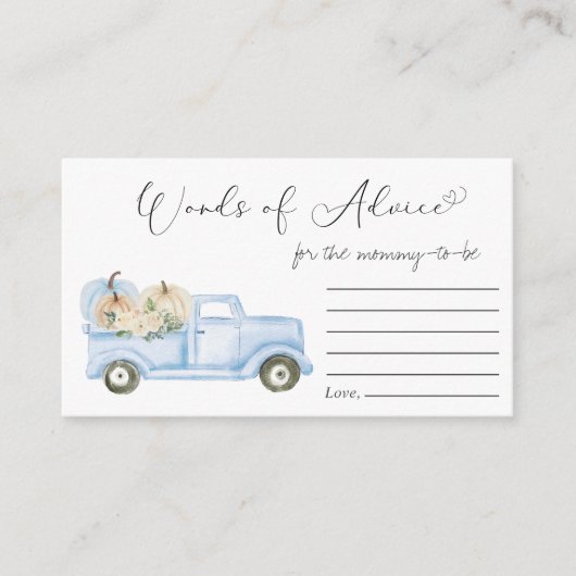 Pompoenblauwe vrachtwagen Woorden van advies Baby  Informatiekaartje (Voorkant)