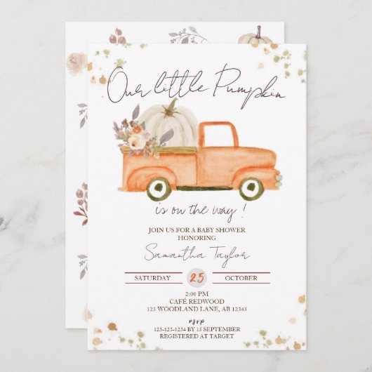 Pompoendouche, Oranje vrachtwagen, Herfst Baby sho Kaart (Voorkant / Achterkant)
