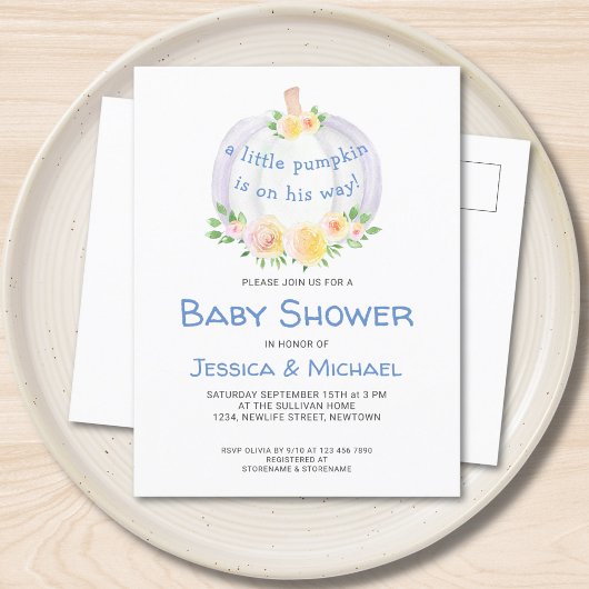 Pompoenen Baby shower Blauw Briefkaart Uitnodigen
