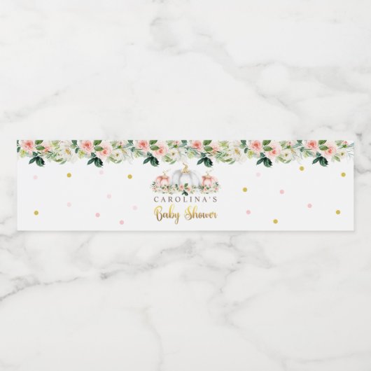 Pompoenen Baby shower Blush Pink and Gold Waterfles Etiket (Enkel label)