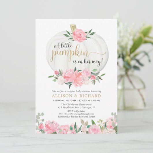 Pompoenen baby shower, roze goudelegant kaart (Staand voorkant)